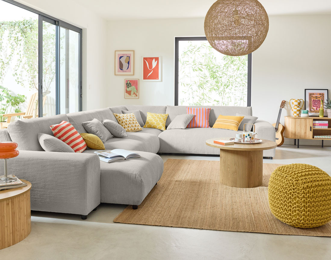 Canapé modulable d'angle droit 8 places en velours côtelé Garance