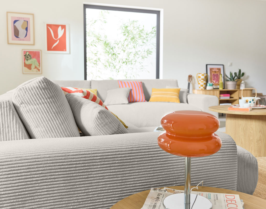 Canapé modulable d'angle droit 8 places en velours côtelé Garance