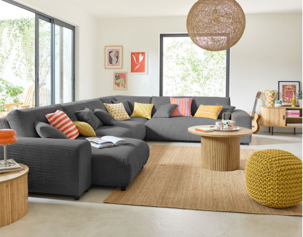 Canapé modulable d'angle droit 8 places en velours côtelé Garance