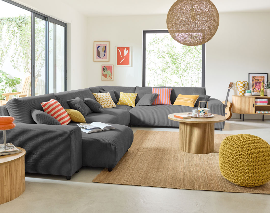 Canapé modulable d'angle droit 8 places en velours côtelé Garance