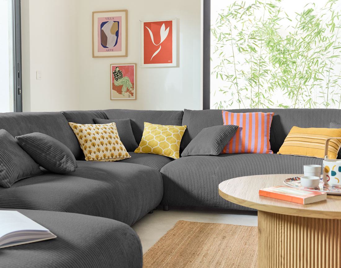 Canapé modulable d'angle droit 8 places en velours côtelé Garance