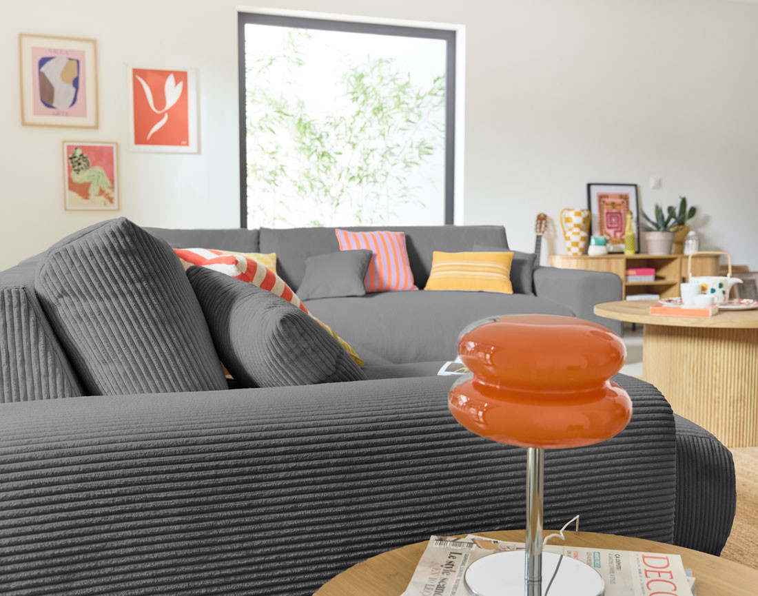 Canapé modulable d'angle droit 8 places en velours côtelé Garance