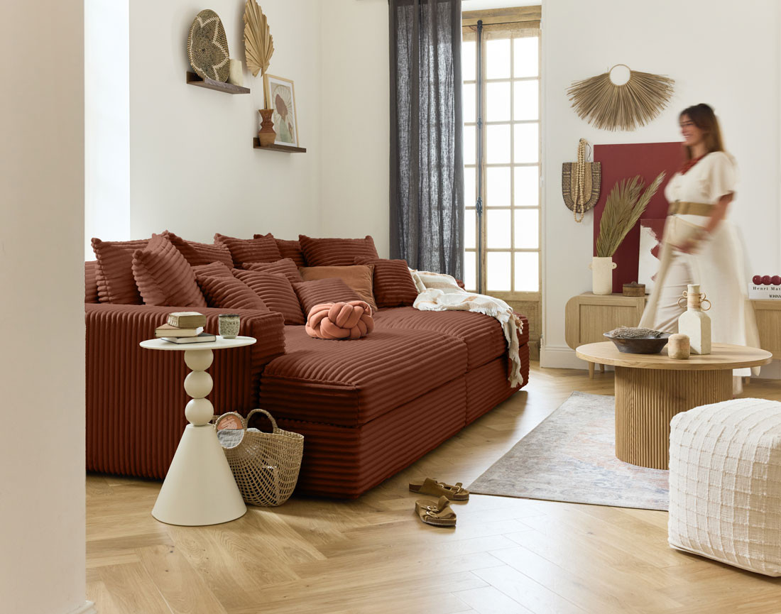 Canapé 4 places avec double méridienne en velours côtelé grosses côtes Collins