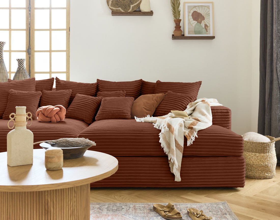 Canapé 4 places avec double méridienne en velours côtelé grosses côtes Collins