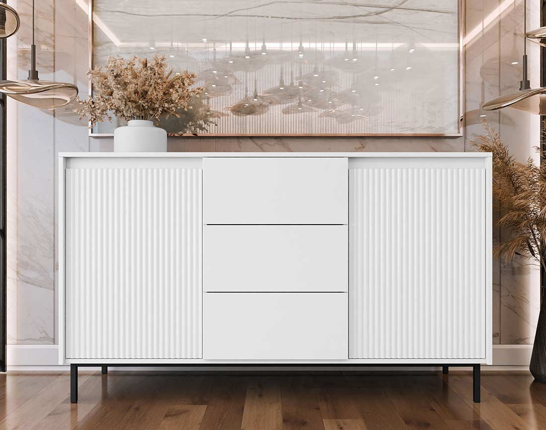 Buffet bas blanc 3 tiroirs et 2 portes 153 cm Girona