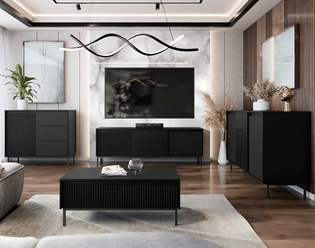 Meuble tv noir 2 portes et 2 tiroirs 174 cm Girona