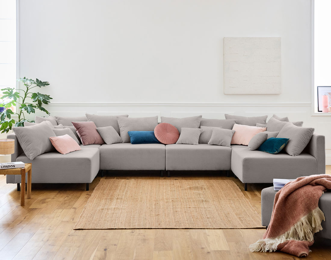 Canapé panoramique modulable 6 places en velours côtelé Edinburg