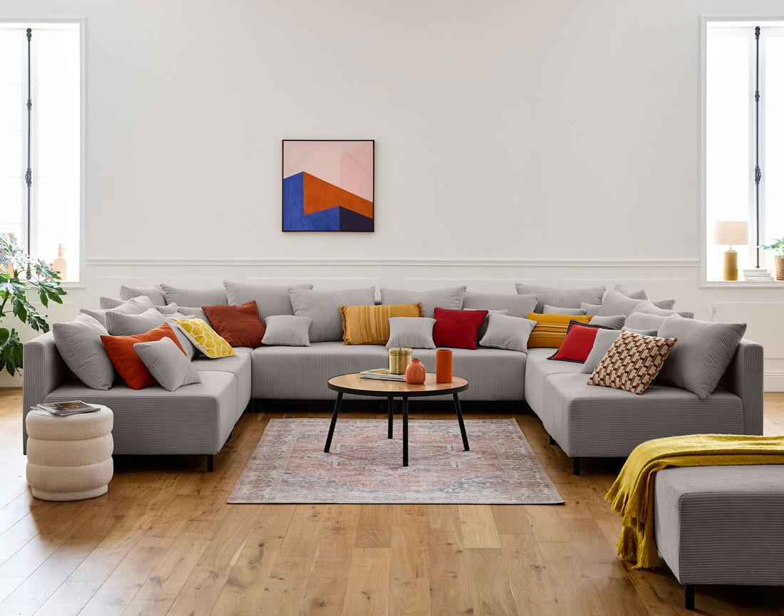 Canapé panoramique modulable 8 places en velours côtelé Edinburg