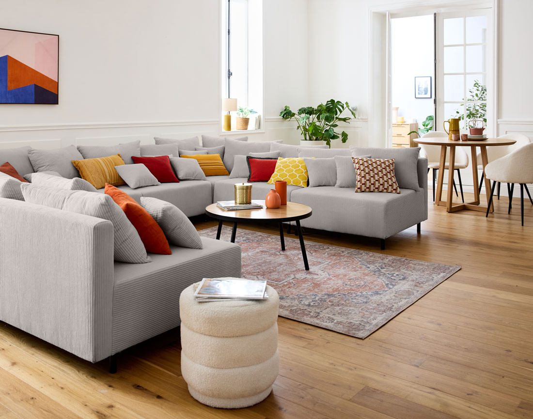 Canapé panoramique modulable 8 places en velours côtelé Edinburg