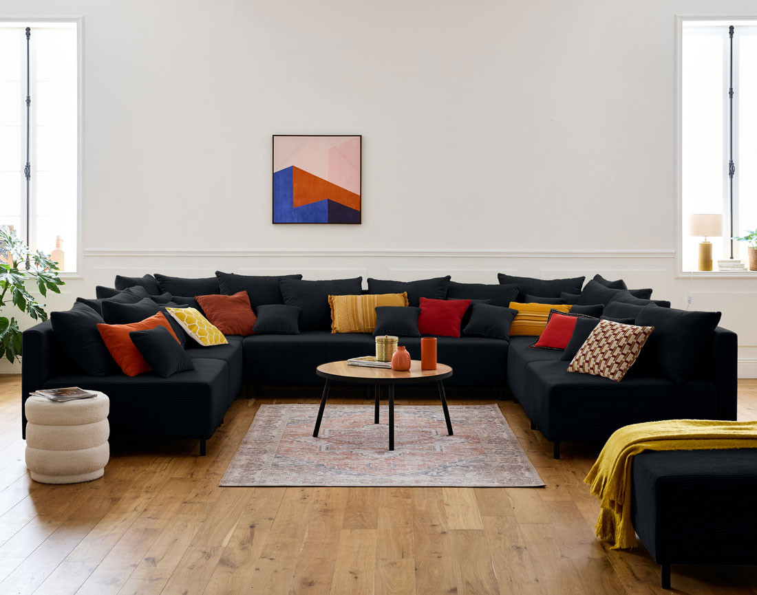 Canapé panoramique modulable 8 places en velours côtelé Edinburg