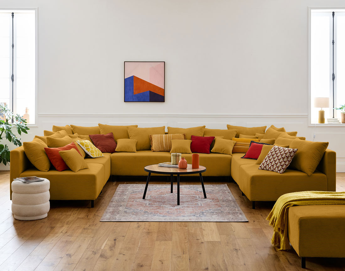 Canapé panoramique modulable 8 places en velours côtelé Edinburg