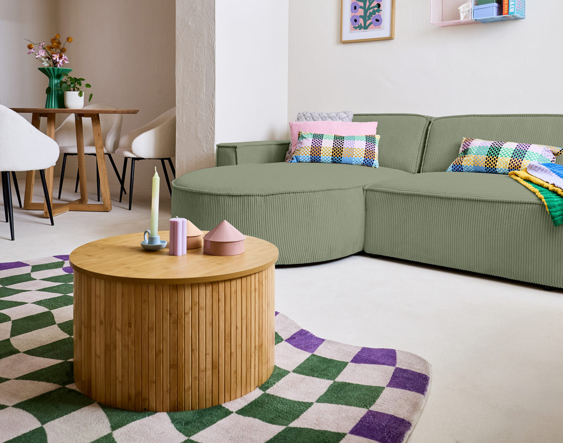 Canapé d'angle gauche aux formes arrondies 4 places en velours côtelé Spiaggia