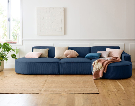 Canapé d'angle droit aux formes arrondies 5 places en velours côtelé Spiaggia