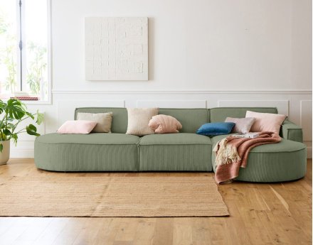 Canapé d'angle droit aux formes arrondies 5 places en velours côtelé Spiaggia