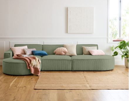 Canapé d'angle gauche aux formes arrondies 5 places en velours côtelé Spiaggia