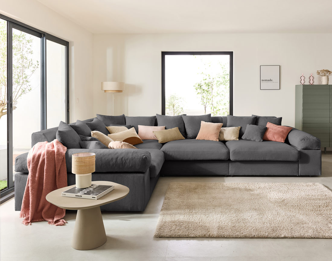 Canapé d'angle réversible 5 places avec assise profonde en velours côtelé Aspen