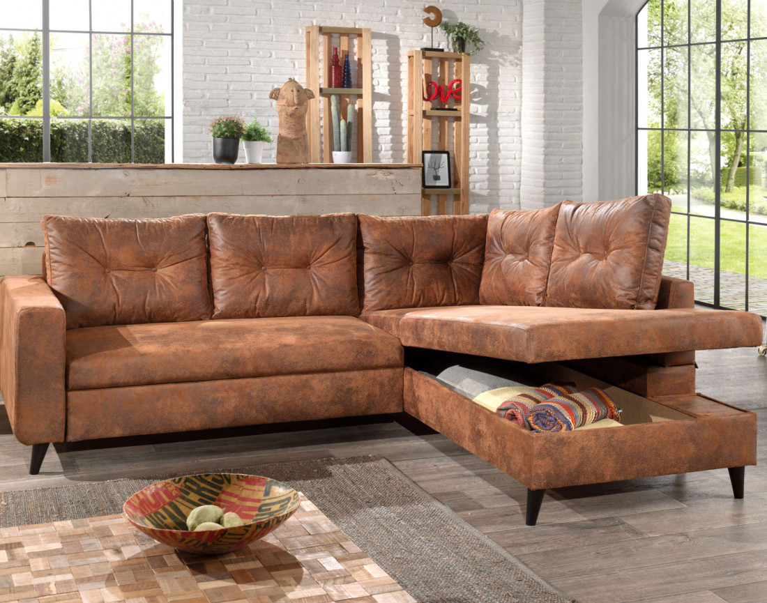 NORDIC - Canapé d'angle L - 5 places - Convertible - Industriel vintage - Droit