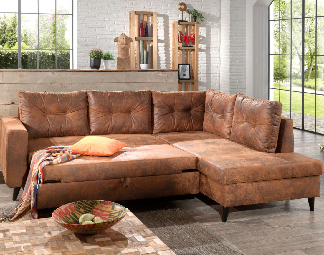 NORDIC - Canapé d'angle L - 5 places - Convertible - Industriel vintage - Droit