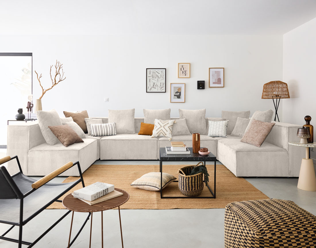 Canapé modulable panoramique 7 places en velours côtelé Colombine