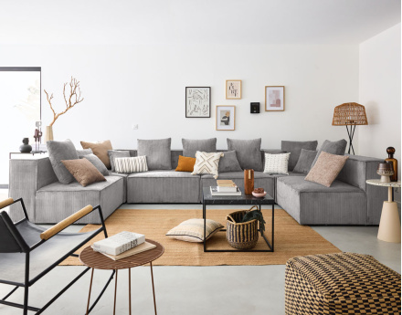 Canapé modulable panoramique 7 places en velours côtelé Colombine