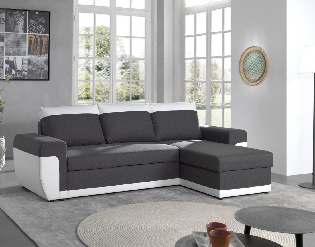 Milan - Canapé d'angle réversible - 4 places - Convertible avec coffre - En simili et tissu