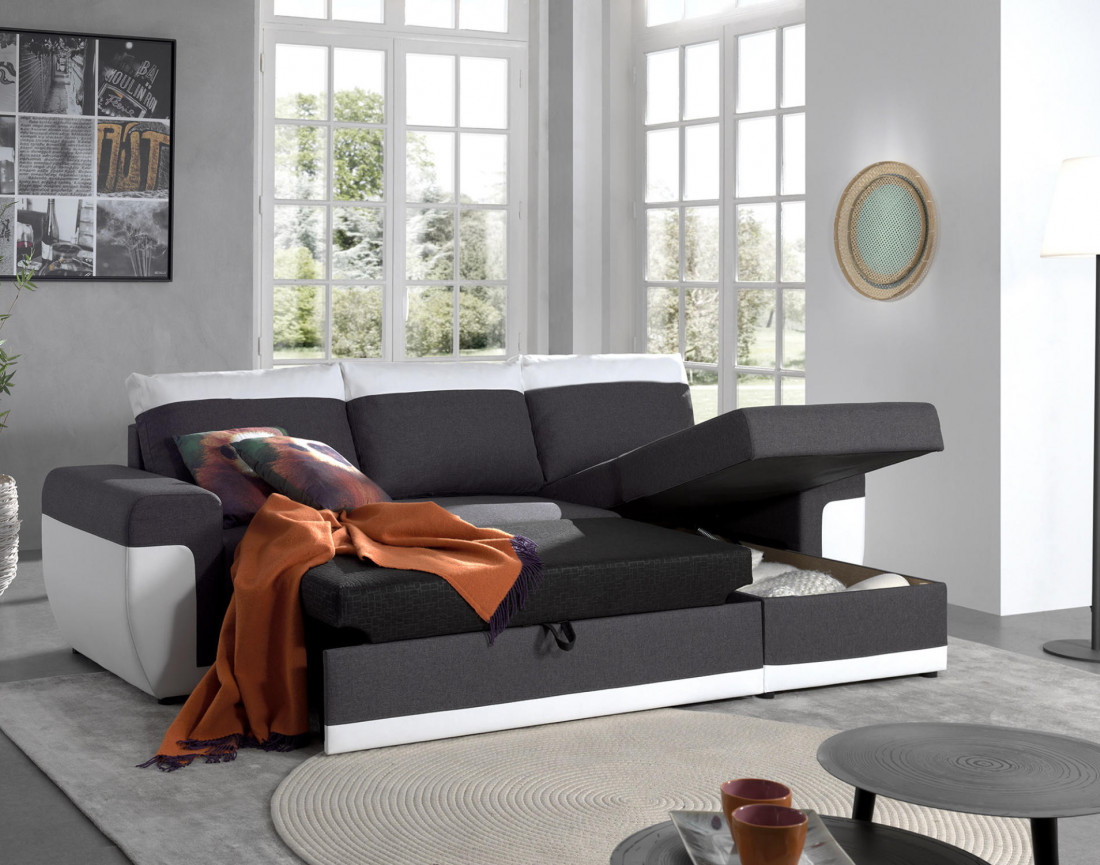 Milan - Canapé d'angle réversible - 4 places - Convertible avec coffre - En simili et tissu