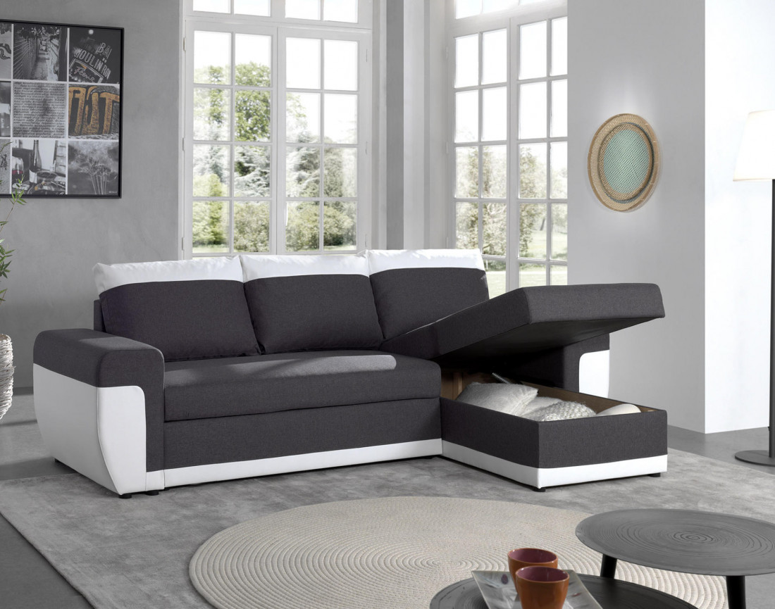 Milan - Canapé d'angle réversible - 4 places - Convertible avec coffre - En simili et tissu