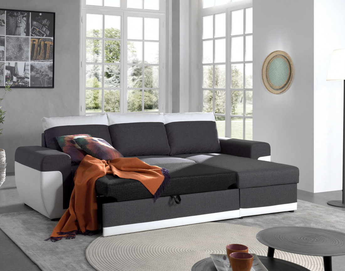 Milan - Canapé d'angle réversible - 4 places - Convertible avec coffre - En simili et tissu