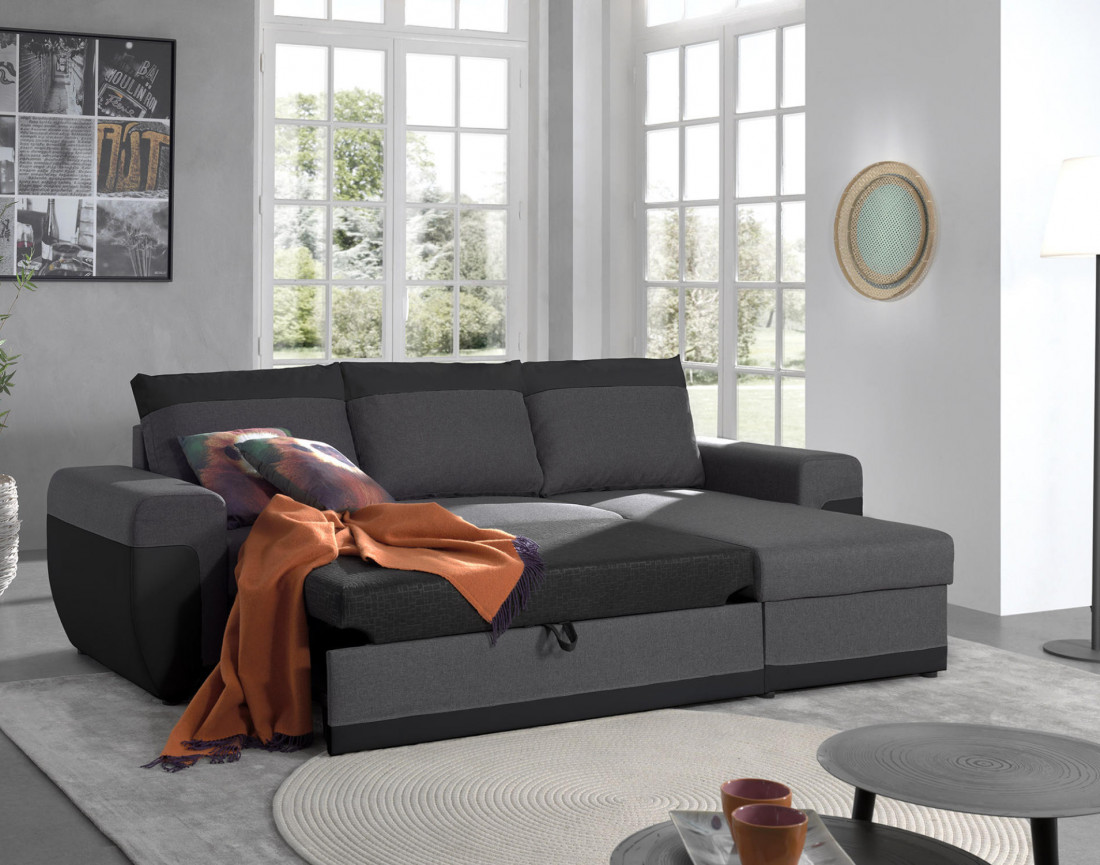 Milan - Canapé d'angle réversible - 4 places - Convertible avec coffre - En simili et tissu