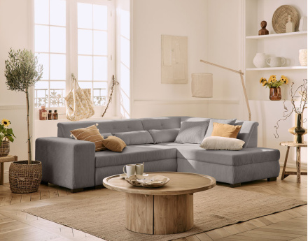 Canapé d'angle droit 5 places convertible en velours côtelé Vermont