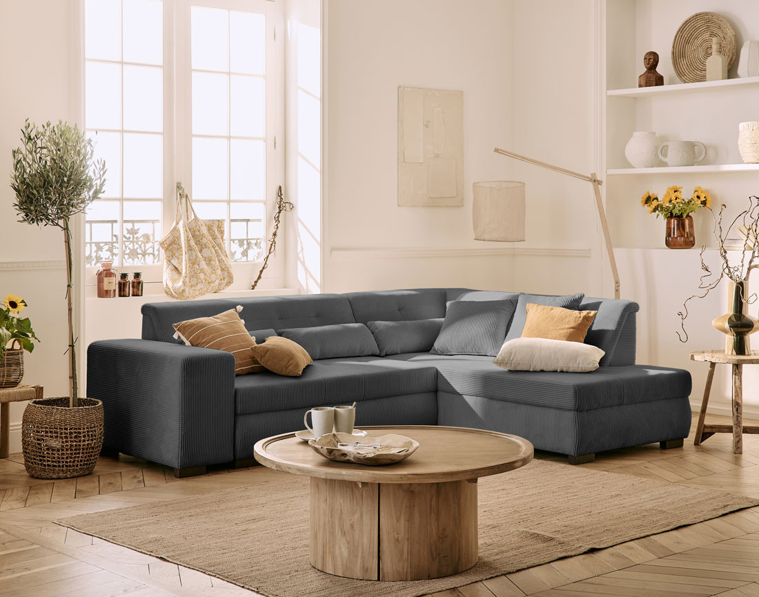 Canapé d'angle droit 5 places convertible en velours côtelé Vermont