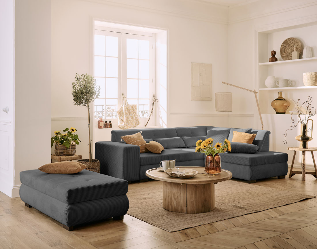 Canapé d'angle droit 5 places convertible en velours côtelé Vermont