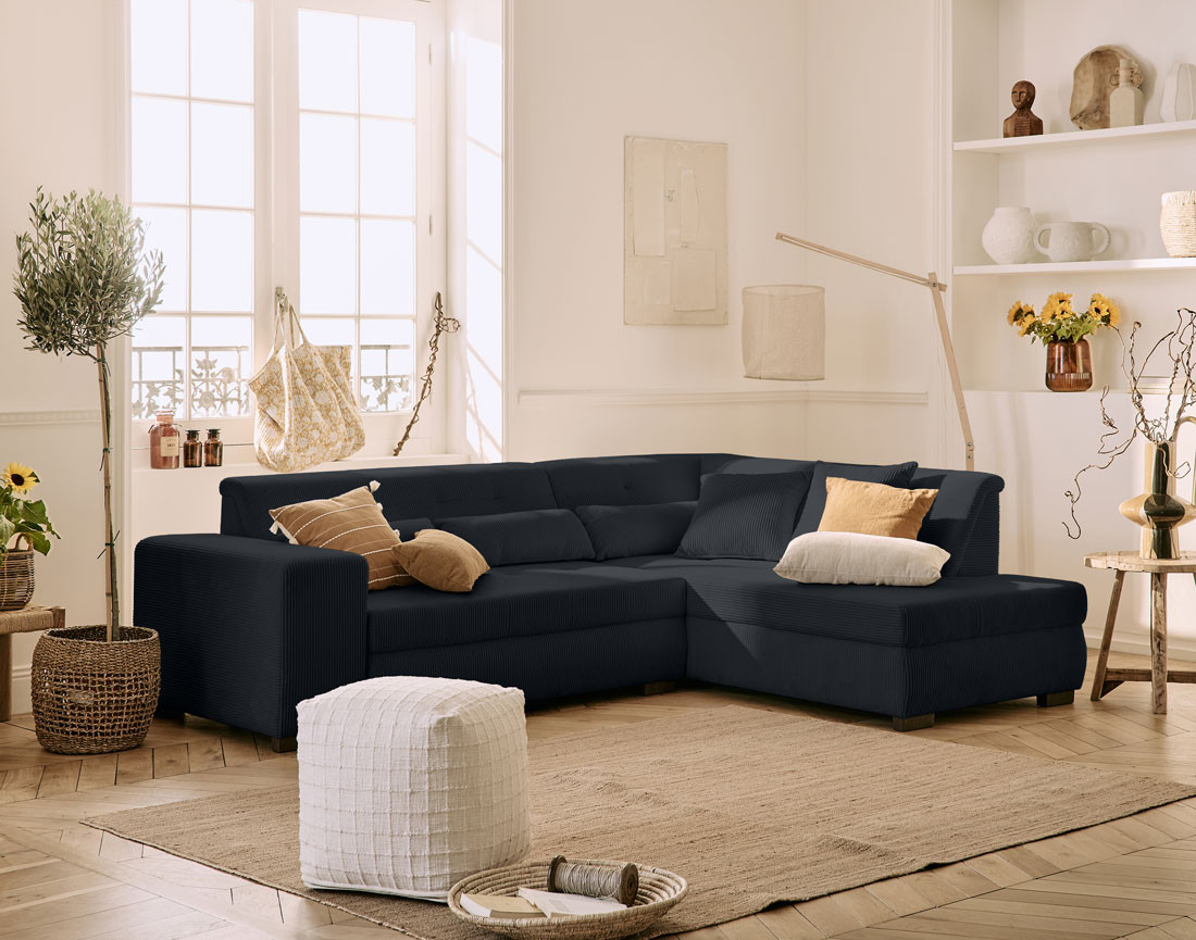 Canapé d'angle droit 5 places convertible en velours côtelé Vermont