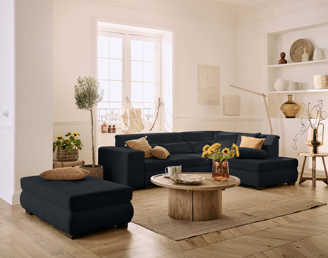 Canapé d'angle droit 5 places convertible en velours côtelé Vermont