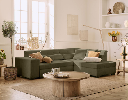 Canapé d'angle droit 5 places convertible en velours côtelé Vermont