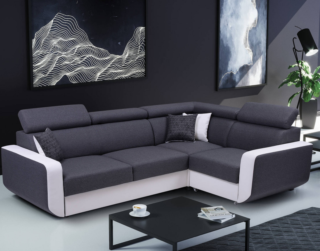 Dustin - Canapé d'angle L réversible - 5 places - Convertible avec coffre - Têtieres réglables