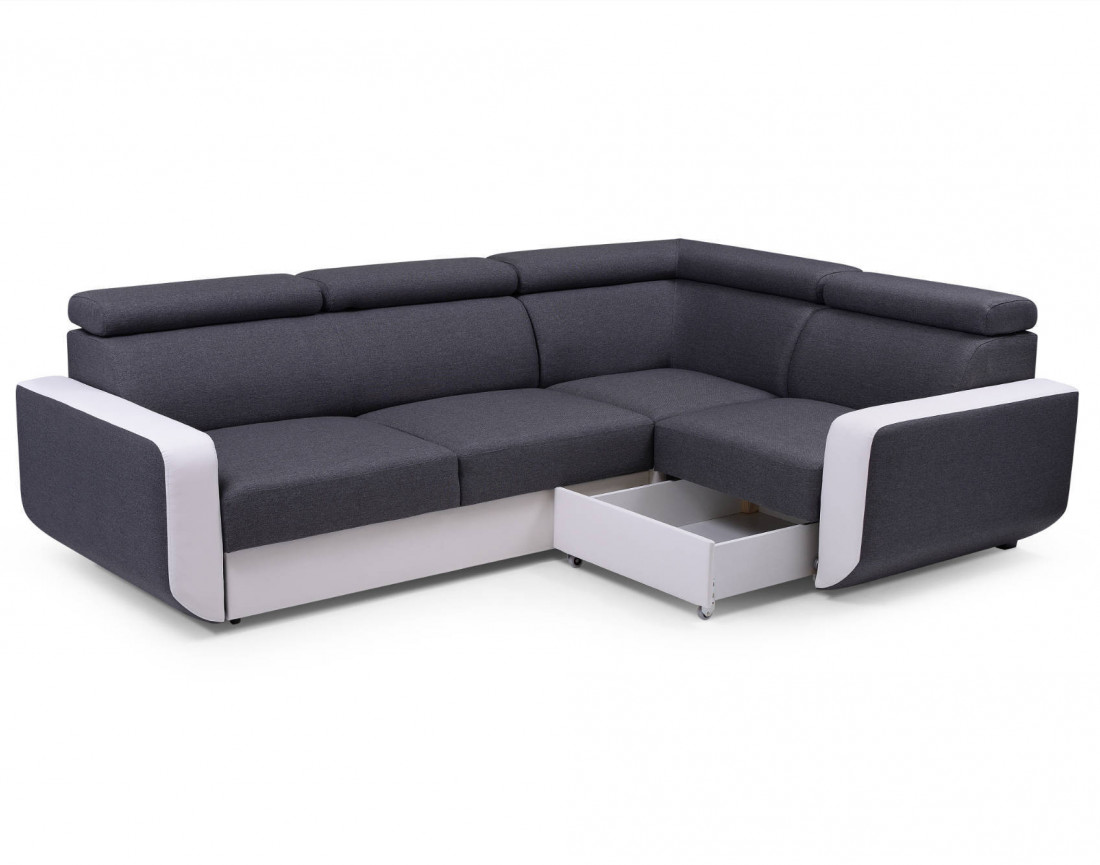 Dustin - Canapé d'angle L réversible - 5 places - Convertible avec coffre - Têtieres réglables