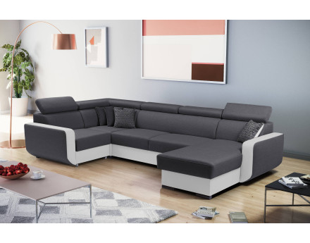 Dustin - Canapé d'angle réversible panoramique en U - 7 places - Convertible avec coffres - Têtières réglables
