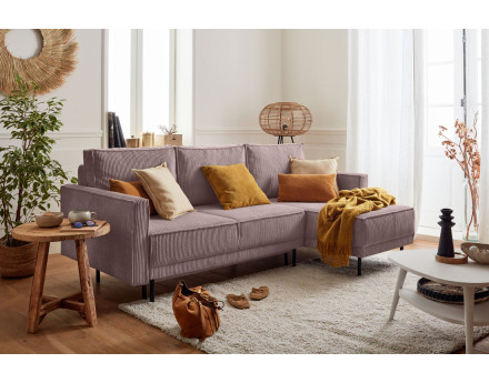 Canapé d'angle réversible 4 places convertible avec coffre en velours côtelé Charlie