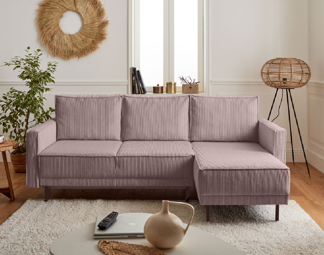 Canapé d'angle réversible 4 places convertible avec coffre en velours côtelé Charlie