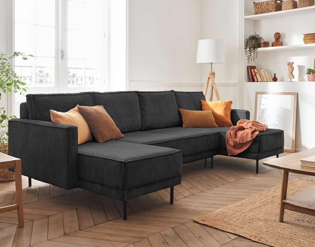 Canapé panoramique convertible avec coffre en velours côtelé 7 places Charlie