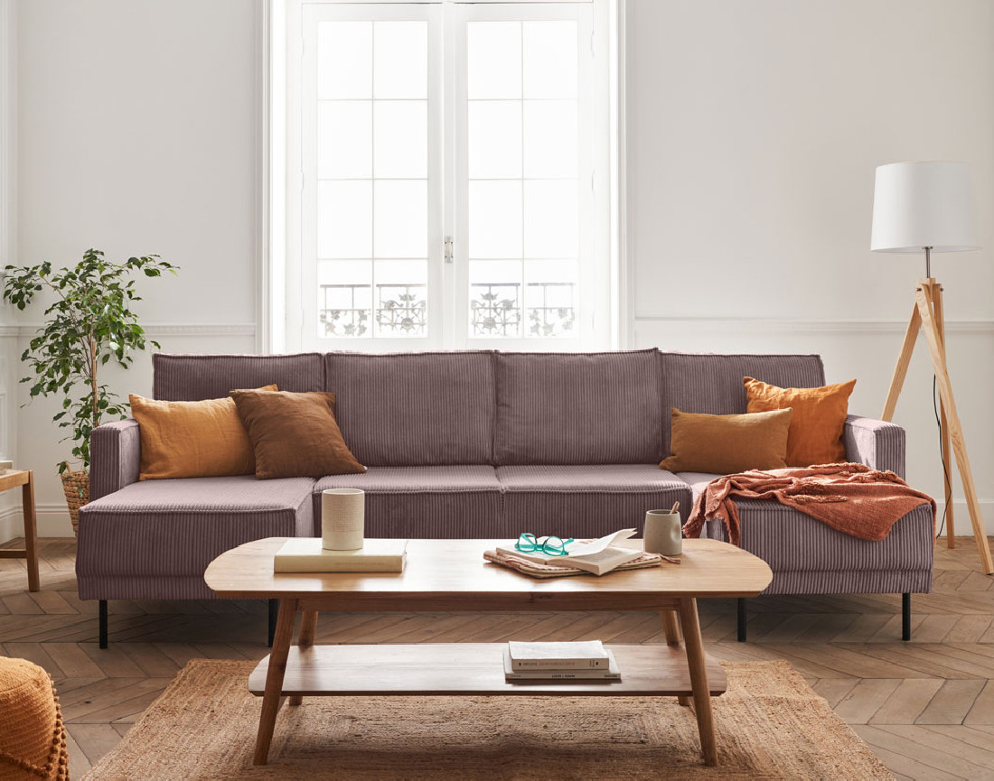 Canapé panoramique convertible avec coffre en velours côtelé 7 places Charlie