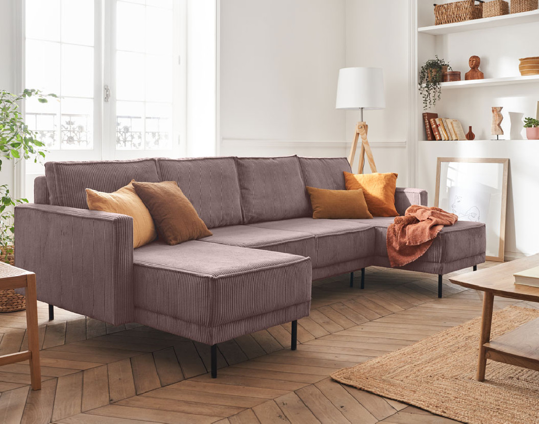 Canapé panoramique convertible avec coffre en velours côtelé 7 places Charlie