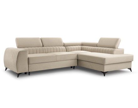 Canapé d'angle droit 5 places convertible, coffre, têtières en velours Aneta