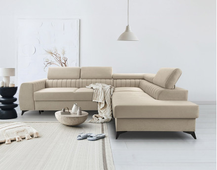 Canapé d'angle droit 5 places convertible, coffre, têtières en velours Aneta