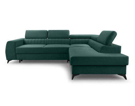 Canapé d'angle droit 5 places convertible, coffre, têtières en velours Aneta