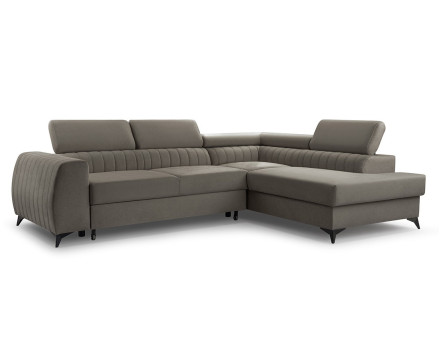 Canapé d'angle droit 5 places convertible, coffre, têtières en velours Aneta
