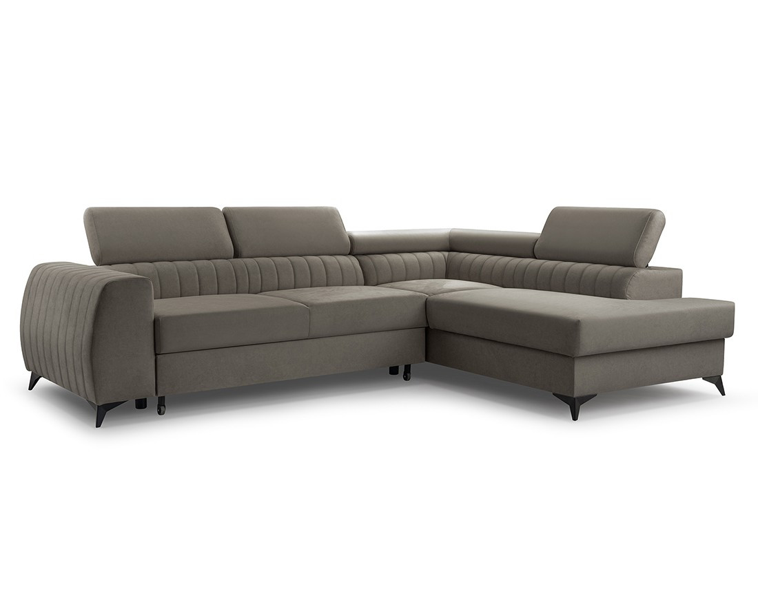 Canapé d'angle droit 5 places convertible, coffre, têtières en velours Aneta