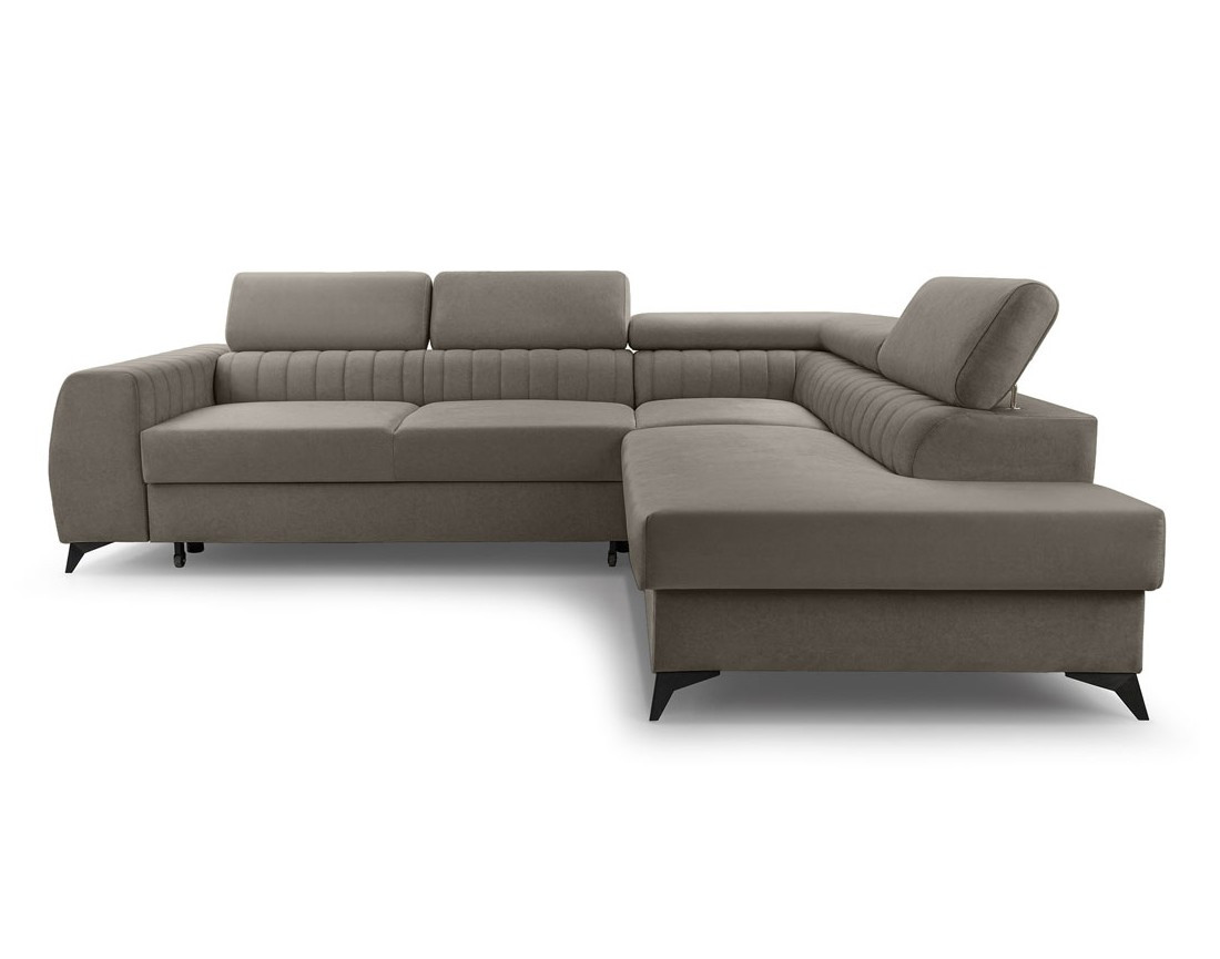 Canapé d'angle droit 5 places convertible, coffre, têtières en velours Aneta