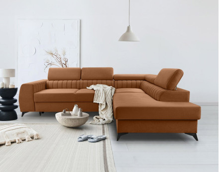 Canapé d'angle droit 5 places convertible, coffre, têtières en velours Aneta